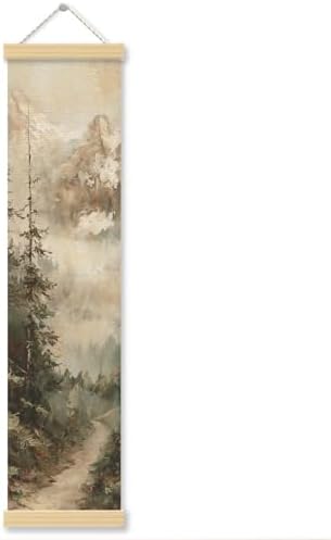 Misty Mountain Porch Decor Banner, 31.5 x 7.8 Inch Canvas Hanging Banner with Wooden Rods, Pine Forest Landscape Wall Accent for Cabin Entryway, Patio, Indoor Outdoor Display by Unknown