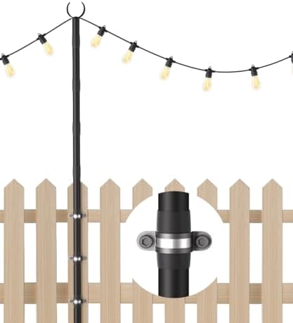 10Ft String Light Poles for Fence & Deck Railing, Outdoor Light Stand with Fence Brackets, Heavy-Duty Metal Poles for Backyard, Garden & Patio Party Lighting, Rustproof & Adjustable by Tigerden