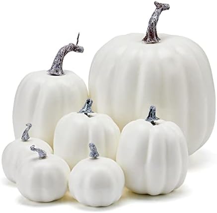 Lizxun 7Pcs Artificial Pumpkins Halloween Decoration, Lifelike Simulation Mixed Harvest Fall Foam Pumpkins for Halloween Thanksgiving Home Party Supplies (White02-7Pcs) - Image 2