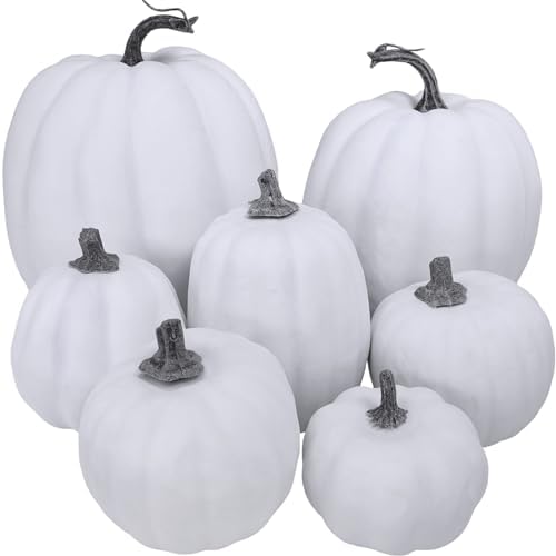 Winlyn 7 Pcs Assorted Sizes Fall Artificial Pumpkins Harvest Pumpkins Faux Foam Pumpkins for Fall Autumn Season Halloween Thanksgiving Harvest Holiday Season Festive Tabletop Decoration (White) by Winlyn
