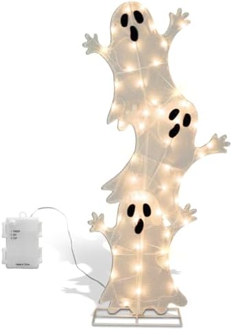 Halloween Lighted Stacked Ghosts Decoration, Pre-Lit with 50 Warm White Lights Spooky Ghosts Lights, Halloween Light Up Ghost for Indoor, Outdoor, Porch, Yard, 42’’ H - Image 2