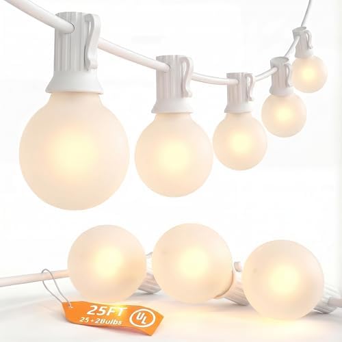 SUNSGNE 25FT G40 LED Outdoor White String Lights with 27 White Solid Shatterproof Globe Bulbs (2 Spare), Outdoor Hanging Edison Lights for Room Café Bistro Pergola Tents, White Wire by SUNSGNE