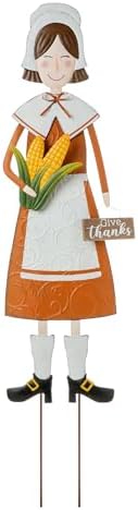Glitzhome Thanksgiving Yard Stakes Metal Pilgrim Girl Yard Signs Hanging Wall Decors for Thanksgiving Fall Harvest Outdoor Decorations, 36" H by Glitzhome