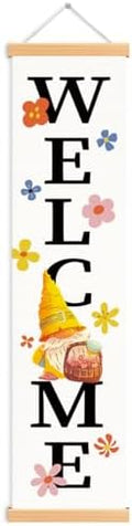 Welcome Decorations Porch Banner, Floral Gnome Hanging Door Sign, Rustic Seasonal Welcome Banner for Front Door Indoor Outdoor Decor, Rustic Party Decorations for Farmhouse Yard Home Classroom by Unknown