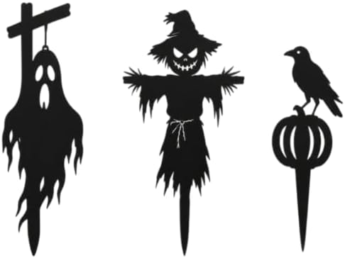 Set of 3 Halloween Scarecrow Ghost Raven Garden Stakes, 12 Inch Yard Art Sculpture, Outdoor Lawn Ornament for Patio, Porch, Backyard Decor (Black) - Image 2
