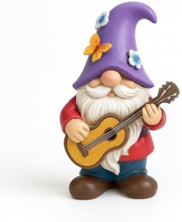 GoGnome Musical Gnome Figurine with Guitar – Handcrafted Resin Garden or Shelf Decoration, 6.2" Tall Whimsical Gnome Statue with Purple Hat, Flowers & Butterfly, Gift for Music Lovers (Purple) by GoGnome