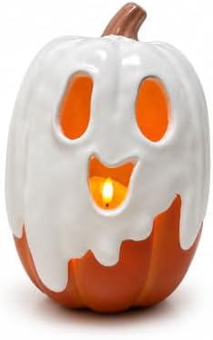 Halloween Decorations - 9.45" H Resin Ghost Pumpkin with Flameless Candle for Indoor Outdoor - Cute Spooky Decoration Centerpieces Halloween Decor for Tables Porch Yard Home Front Door Mantel - Image 3