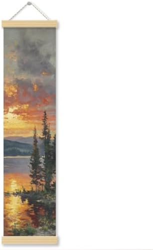 Lake Sunset Porch Decor Banner, 31.5 x 7.8 Inch Canvas Hanging Banner with Wooden Rods, Mountain Pine Landscape Wall Accent for Cabin Entryway, Patio, Indoor Outdoor Display by Unknown