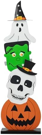 Glitzhome 36'H Wooden Halloween Stacked Ghost Frankenstein Skull Pumpkin Porch Decor, Farmhouse Yard Sign Rustic Style Porch Sign with Wood Base for Home Party Decor - Image 7