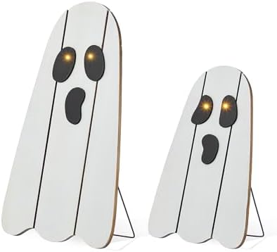 Glitzhome Set of 2 Halloween Lighted Wood Ghost Porch Decor - 24" H & 18" H Handcrafted Solid Wood Ghost Signs with Metal Display Stand for Farmhouse, Front Door Outdoor Yard Halloween Decorations - Image 5