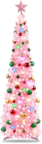 N&T NIETING Pop Up Christmas Tree with Lights & 30 Balls, 5Ft Collapsible Pink Tinsel Tree Decorations for Holiday Home Office Decor, Pink by NTNIETING
