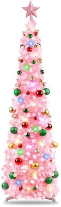 N&T NIETING Pop Up Christmas Tree with Lights & 30 Balls, 5Ft Collapsible Pink Tinsel Tree Decorations for Holiday Home Office Decor, Pink by NTNIETING