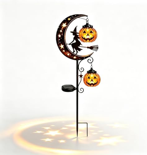 Solar Halloween Black Cat Garden Stake Light – Metal Crescent Moon & Pumpkin Lantern Yard Decor, Auto On/Off Waterproof LED Landscape Lighting for Patio Lawn Pathway (E) by Unknown