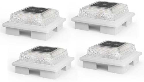 APONUO Solar Post Cap Lights, 3 Color Modes & 2 Brightness, Adjustable Base Fits 4x4 5x5 6x6 Posts (3.5-5.5 Inch), IP65 Waterproof, Deck & Fence Post Lights Solar Powered with Screws, White, 4 Pack by APONUO