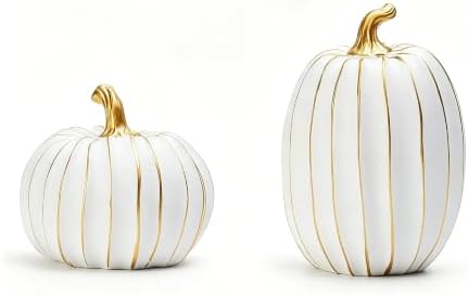 2Pcs Resin Pumpkin Figurines, Gold Stripe Fall Thanksgiving Decor by yumhum