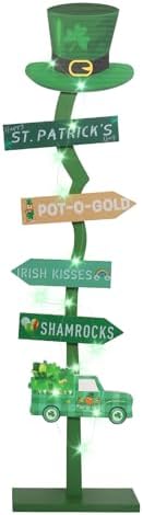 43.8" Lighted Wooden St. Patrick's Day Porch Sign Leprechaun Hat Shamrock Irish Train Standing Signs With Base For Indoor Outdoor Yard Decor by Unknown