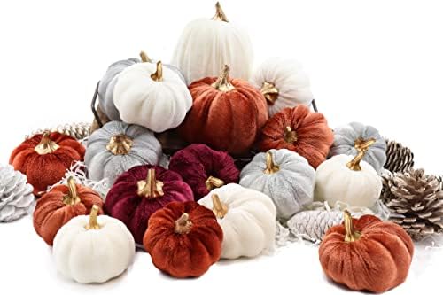 18 PCS Velvet Pumpkins for Fall Table Decor, Artificial Pumpkins, Faux Fake Pumpkin Home Decorations for Autumn Harvest, Thanksgiving, Wedding, Halloween, Table Centerpieces (Multi-Color Velvet) by BURTINI