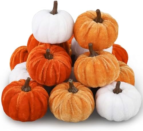 18 Pcs Fall Artificial Velvet Pumpkins Fake Fabric Pumpkin Faux Foam Pumpkins Orange Yellow White Artificial Pumpkin Decorations for Fall Harvest Thanksgiving Halloween Farmhouse Table Centerpiece by Unknown