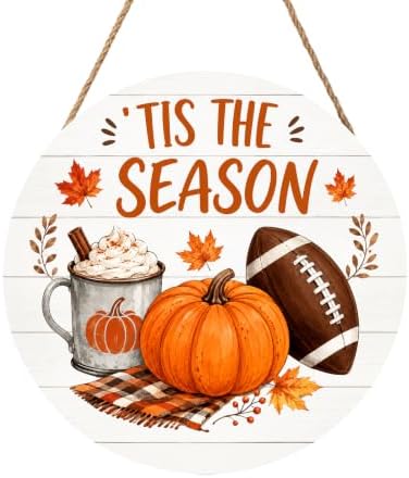 Fall Sign for Front Door Decor Autumn Harvest Thanksgiving Pumpkin Football Round Outdoor Hanging Wooden Door Sign for Porch Seasonal Home Wreath Hanger Sign for Outside Indoor Wall Decorations 12"X12" by Unknown