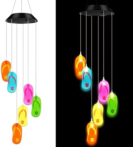 Wonderjune Tropical Beach Themed Slipper Solar Wind Chimes Flip Flop Outdoor Summer Beach Decorations Lights Mobile Wind Chime LED Lights for Garden Patio Yard Porch Hawaii Party Gifts by Wonderjune