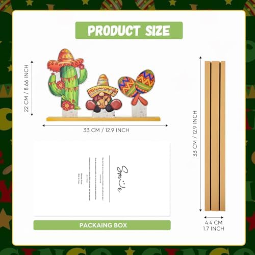 Smile Cinco De Mayo Standing Wooden Decor Set, 3-Piece Mexican Fiesta Wooden Cutouts (Cactus, Gnome, Maraca) for Tabletop & Party Display - Image 2