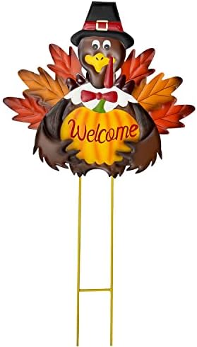 Metal Turkey Fall Harvest Outdoor Yard Stakes, Thanksgiving Turkey Pumpkin Yard Welcome Sign with Stake Outdoor Decoration by GRACEHOME