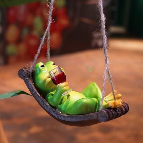 NINIPAPA Frog Garden Decor Outdoor Hanging Frog Wine Statue for Fall Yard Patio Party Decoration, Cute Swing Frog Decor Figurines, Gifts for Mom Dad on Birthday, Valentine's Day Housewarming - Image 2
