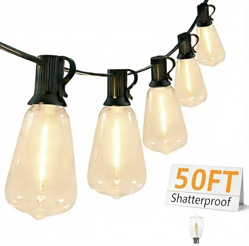 Outdoor LED String Lights with 50 Feet 26 Edison Plastic Bulbs(1 Spare), Waterproof Hanging Lights for Patio Backyard Porch Balcony Party Decoration by Homelife