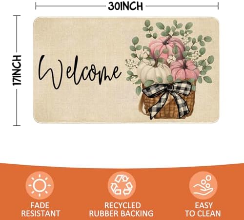 Fall Door Mat Outside,Pumpkin Eucalyptus Welcome Mat for Front Door,Thanksgiving Autumn Indoor Outdoor Non-Slip Rugs,Fall Doormat for Farmhouse Home Porch Decorations (Pink 30" x 17") - Image 3