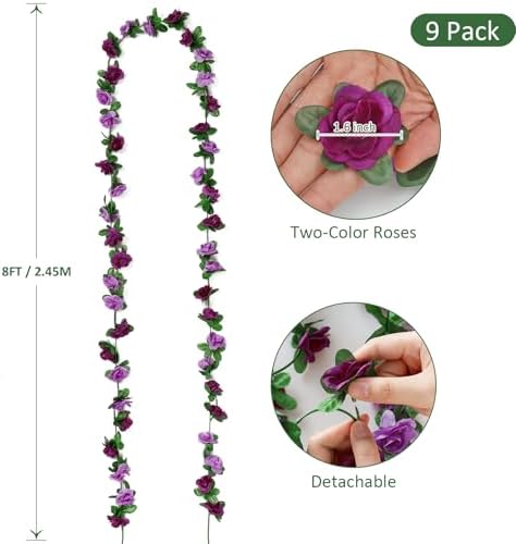9 Pack 72 FT Artificial Flower Garland Fake Purple Roses Vines Silk Flowers - Image 3