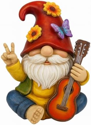 GoGnome Peace Sign Garden Gnome Figurine Outdoor Statue, Funny Guitar Playing Dwarf Rock Music Decor - 6‘’ Resin Lawn Ornament, Unique Housewarming Gift for Music Lovers & Gardeners (Red) by GoGnome