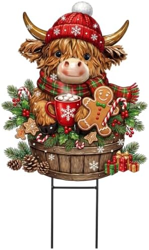 Amyhill Christmas Highland Cow Outdoor Decor Christmas Metal Yard Signs with Stakes Cow Gnomes with Santa Hat Decorative Lawn Sign for Indoor Outside Garden Pathway Walkway Xmas Party Decor by Amyhill