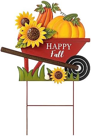Glitzhome 30" H Fall Metal Wheel Barrow Pumpkin Yard Stake/Hanging Wall Decor,Pumpkin Wagon Cart with Happy Fall Signs,Fall Harvest Porch Decorations for Thanksgiving Autumn Halloween Party Supplies - Image 7
