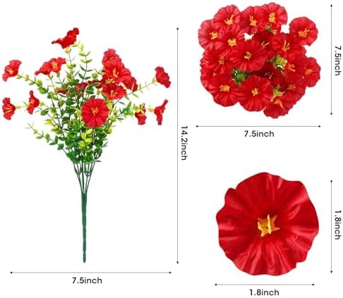 Ouddy Decor 24 Pcs Artificial Morning Glory Flowers for Outdoors, Red - Image 2