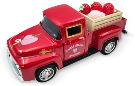 Strawberry Decor Red Vintage Truck with Mini Strawberries and Wooden Crate by Teeloray