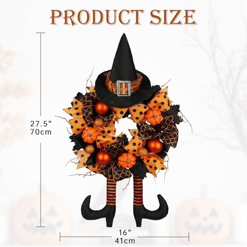Halloween Wreath for Front Door 16" Tinsel Black Witch Wreath with Hat Legs and Orange Pumpkin for Fall Autumn Indoor Window Door Thanksgiving Halloween Decorations - Image 2