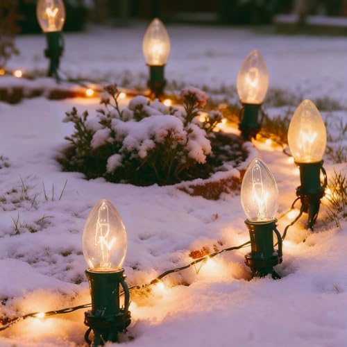 C9 Christmas Pathway Lights Outdoor, 38Ft Outside Christmas Decorations with 25 7W Clear Bulbs and Stakes, Waterproof Walkway String Lights for Outside Driveway Sidewalk Yard Path Holiday Xmas Decor by Kivonfa