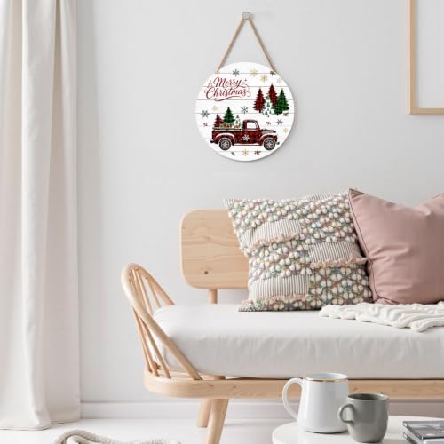Merry Christmas Sign for Front Door Decor Winter Snowflake Truck Round Outdoor Hanging Wooden Door Sign for Porch Xmas Holiday Farmhouse Wreath Hanger Sign for Outside Indoor Wall Decoration 12"X12" - Image 5