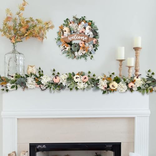 Fall Pumpkin Hydrangea Flower Garland for Doors Wall, Autumn White Coral Pumpkins with Lamb Ear Leaves for Home Decoration, Fall Home Decor Wreath Garland - Image 2
