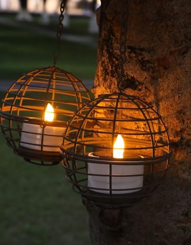 Large Solar Lights Outdoor Hanging Lanterns 6 Pack, Rustic Iron 4.3" Ball Solar Tea Lights with Flickering Flame Candle, Waterproof Hanging Lights for Backyard Patio Garden Fence Tree Pergola Décor - Image 2