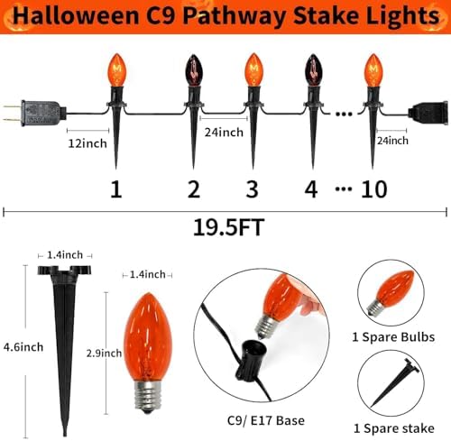 PASUTO 19.5Ft C9 Halloween Walkway Lights Pathway Lights, 10Pcs C9 Orange & Dark Purple Light Bulbs and 10Pcs Stakes, for Halloween Outdoor Doorway Pathway Driveway Sidewalk Garden Yard Lawn Lights - Image 2