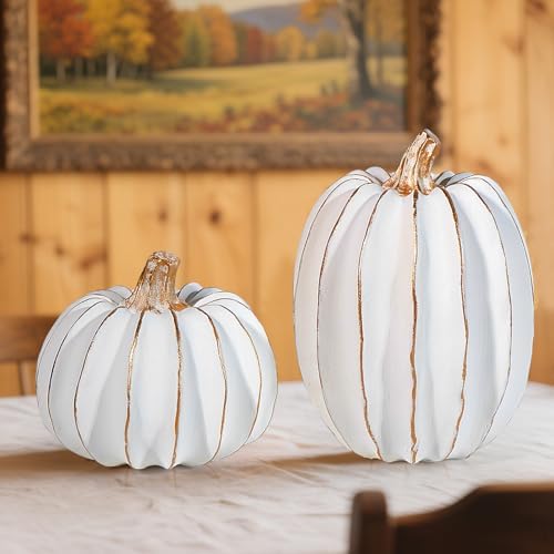 2Pcs Halloween Pumpkin Artificial Resin Pumpkins Decor for Mantel Harvest Autumn Tabletop Decoration Gold Fall Pumpkin Decorations Thanksgiving Table Centerpieces (Set C, ONE Size) by Unknown