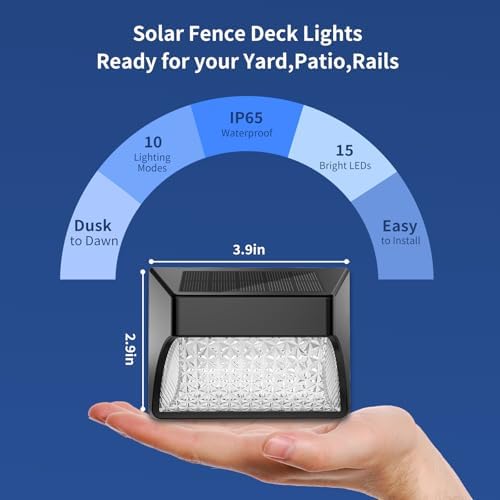 Tadyreal Solar Fence Lights Outdoor Waterproof IP65, 10 Lighting Modes Fence Lights Solar Powered with 15 Bright Led Lens, Backyard Light Outdoor for Deck Railing Step Pool Patio Wall - 12 Pack - Image 2