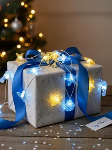 Coastal String Lights, 30 LED Seashell Turtle Seahorse and Starfish Lights, 10FT, Blue and White, Battery Operated, Indoor & Outdoor Decor - Image 7