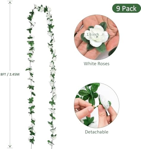 9 Pack 72 FT Artificial Flower Garland Fake White Roses Vines Silk Flowers - Image 3