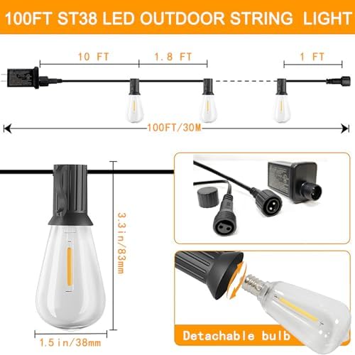 Outdoor LED String Lights with 100 Feet 52 Edison Plastic Bulbs(2 Spare), Waterproof Hanging Lights for Patio Backyard Porch Balcony Party Christmas Decoration - Image 2