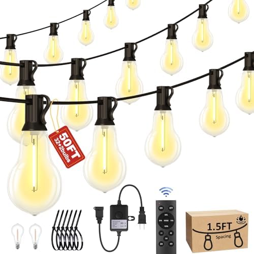 50FT Outdoor String Lights 32+2 Bulbs,120W Dimmer Remote IP65 Watterproof by Porbench