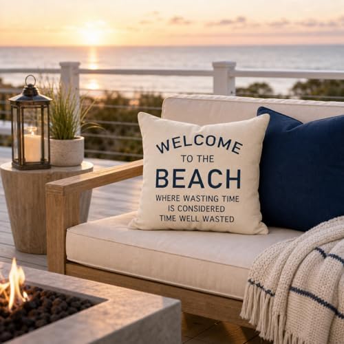 PANDICORN 18x18 Inch Throw Pillow Cover, Welcome to the Beach, Natural - Image 3