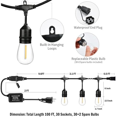 100ft Gazebo Lights with Remote & Dimmer,Patio String Lights with Timer - Image 7