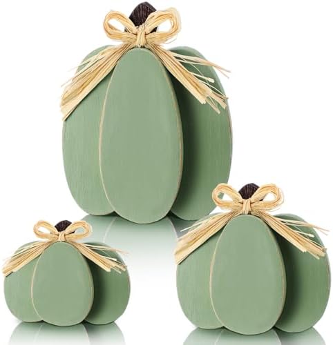 Ferraycle 3 Pcs Fall Pumpkin Decor Fall Wooden Signs 3D Pumpkin Tabletop Decor Farmhouse Sign Rustic Tiered Tray Decorations Block Centerpieces Standing Sign for Home Kitchen Harvest(Green Color) by Ferraycle